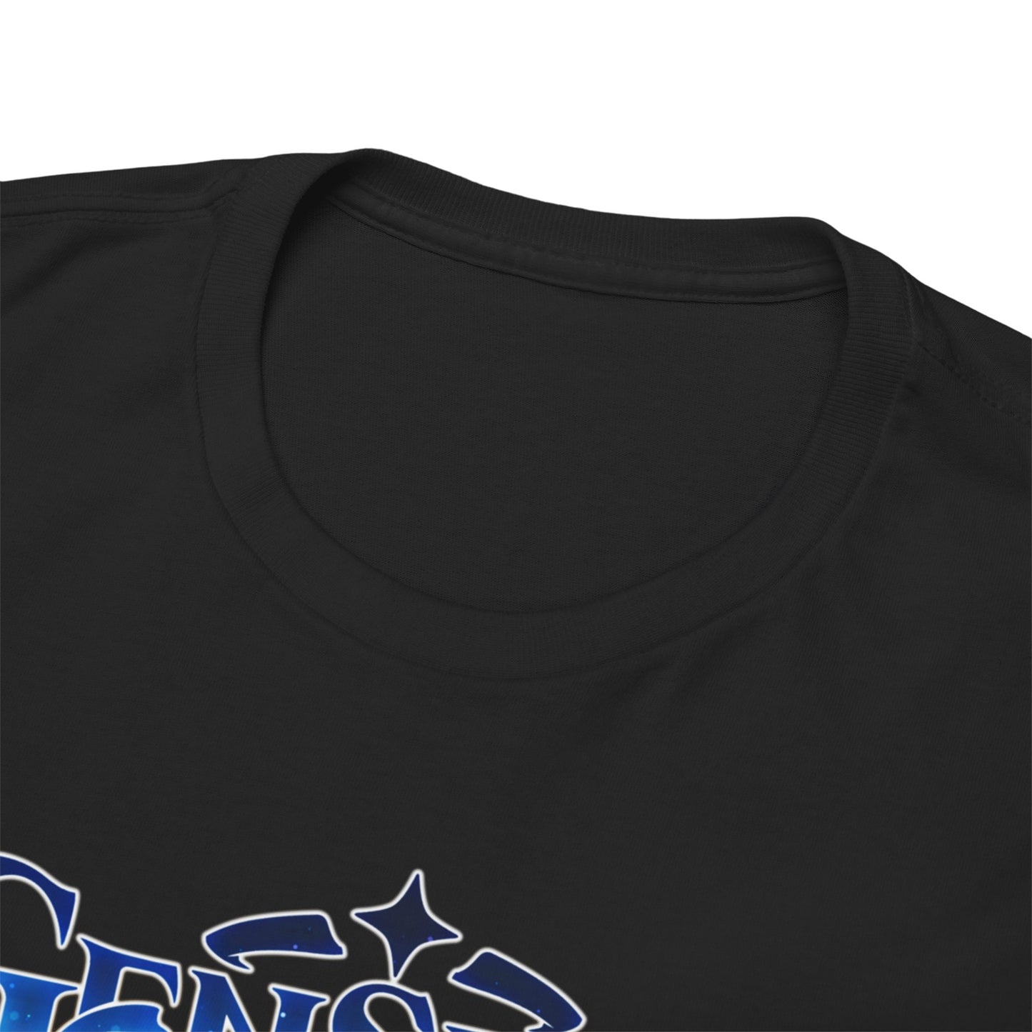 Close-up of the luxurious neckline of a Genshin Impact T-shirt, highlighting the superior craftsmanship and soft, breathable material for ultimate comfort.