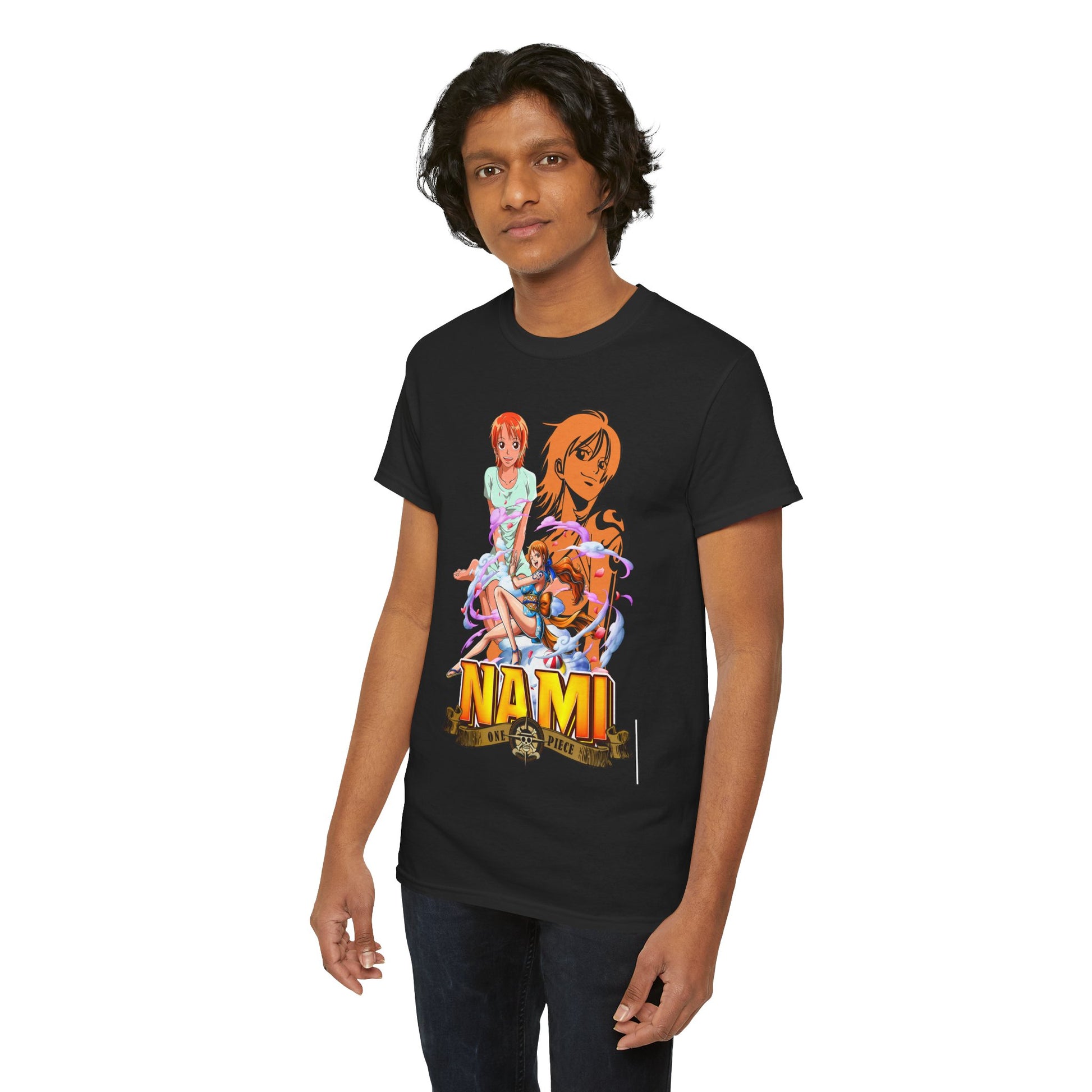 Chic men's t-shirt on a model, featuring striking Nami art from One Piece, a perfect blend of casual elegance and anime flair tailored for discerning fans.