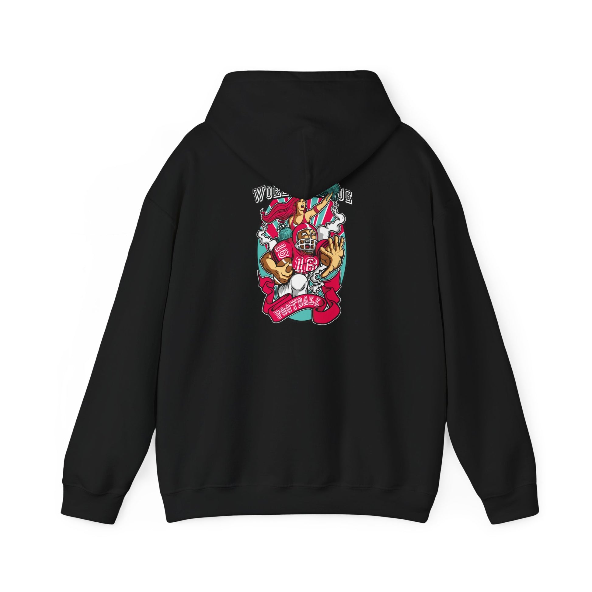 Trendy black hoodie with an eye-catching back design featuring 'WORLD LEAGUE' text and dynamic cartoon imagery, embodying the excitement of American football.