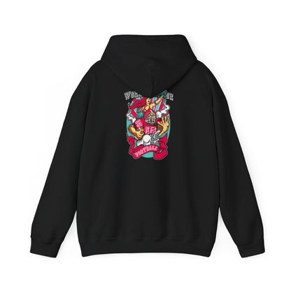 Trendy black hoodie with an eye-catching back design featuring 'WORLD LEAGUE' text and dynamic cartoon imagery, embodying the excitement of American football.
