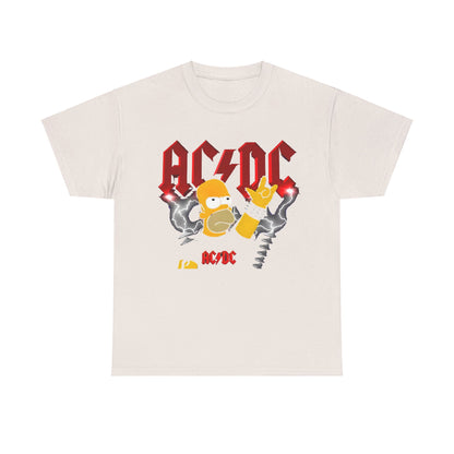 Homer Rock & Roll Unisex Cotton Tee Graphic T Shirt in refined off-white displaying Homer Simpson boldly posed for rock music, integrated with AC/DC visuals and electrifying lightning effects.