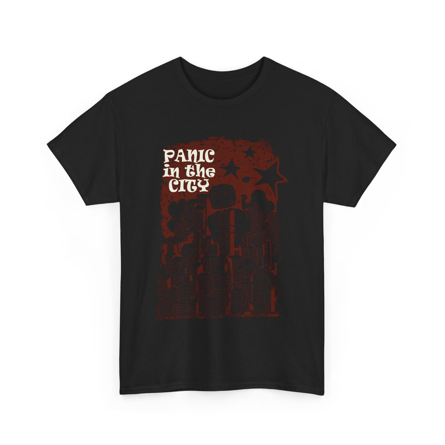 Stylish black unisex t-shirt featuring whimsical urban design with 'PANIC IN the CITY' text, merging creativity and fashion.
