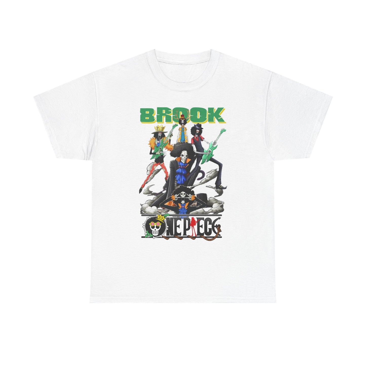 Elegant white men's t-shirt adorned with a vivid graphic of Brook and Crew from esteemed anime, highlighting a bold rock theme in lively colours.