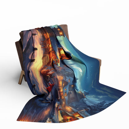Gorgeous Decorative and Warm Christmas Arctic Fleece Blanket draped over a chair, featuring a captivating winter scene ideal for festive gatherings, bringing warmth and style to your home.