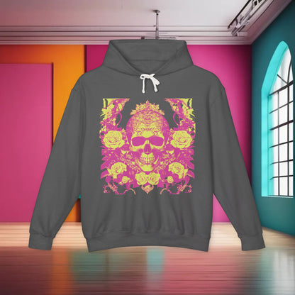 Sophisticated Unisex Lightweight Hooded Sweatshirt in dark grey, featuring a striking unique designer skull and roses graphic, showcased in a stylish setting. A perfect blend of comfort and luxury.