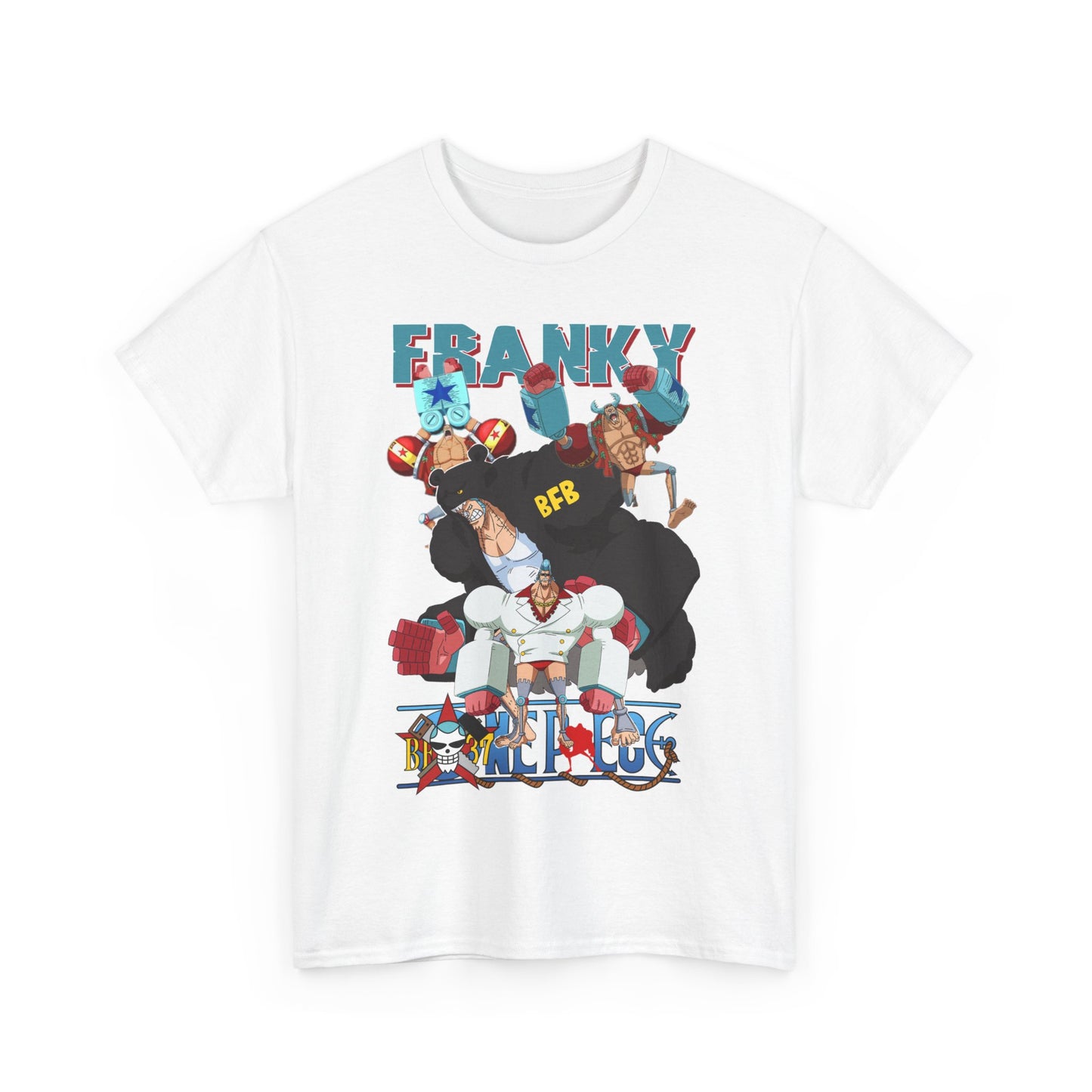 Striking front view of a white men's t-shirt featuring vibrant anime graphics of Franky and friends, exuding adventurous spirit and style.