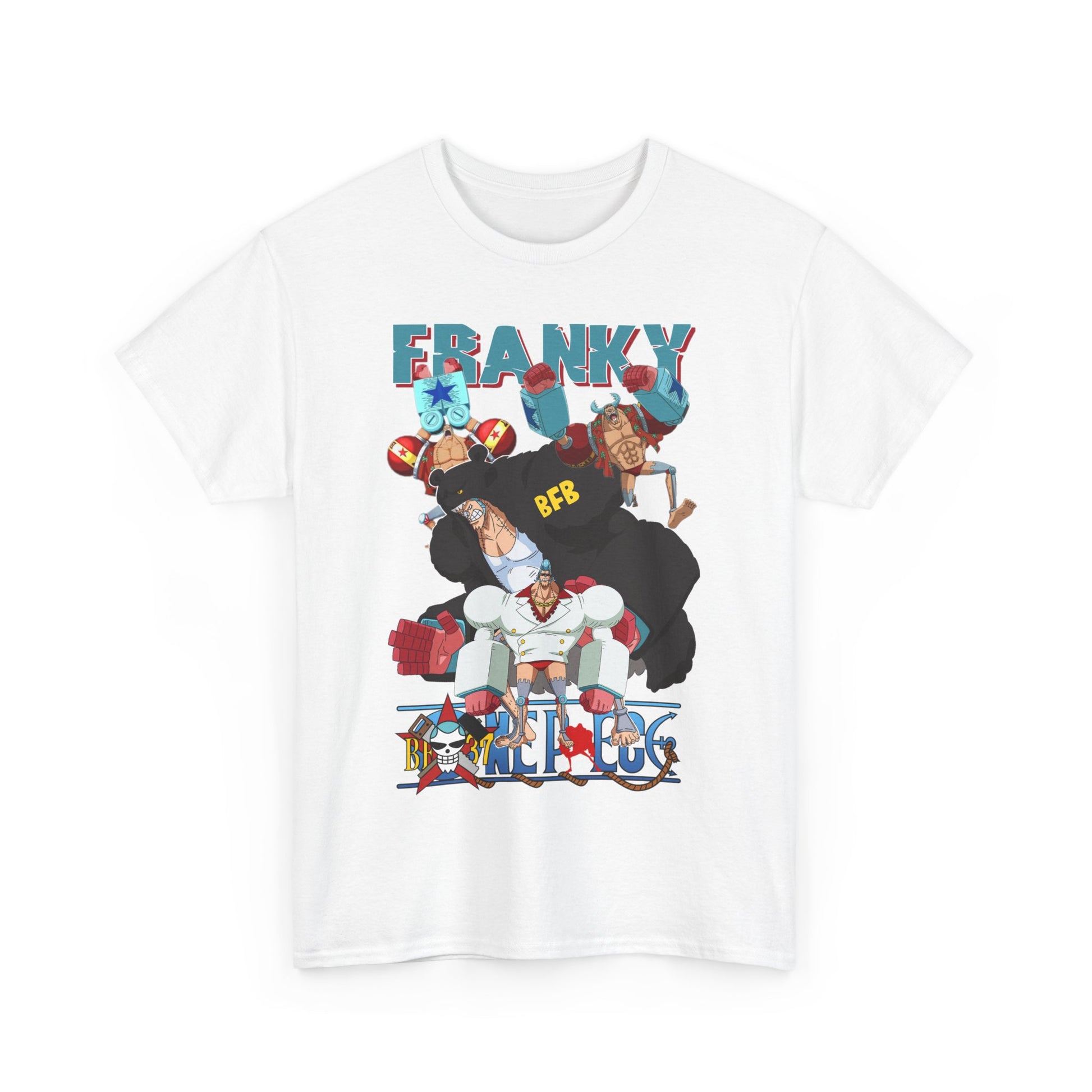 Striking front view of a white men's t-shirt featuring vibrant anime graphics of Franky and friends, exuding adventurous spirit and style.