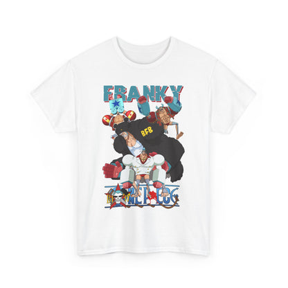 Striking front view of a white men's t-shirt featuring vibrant anime graphics of Franky and friends, exuding adventurous spirit and style.