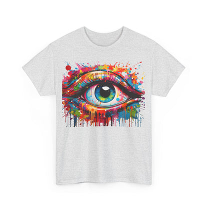 Front view of the Visionary Drip Graffiti Graphic Unisex T Shirt Tee in grey, featuring an eye-catching artistic eye design in vibrant colours.