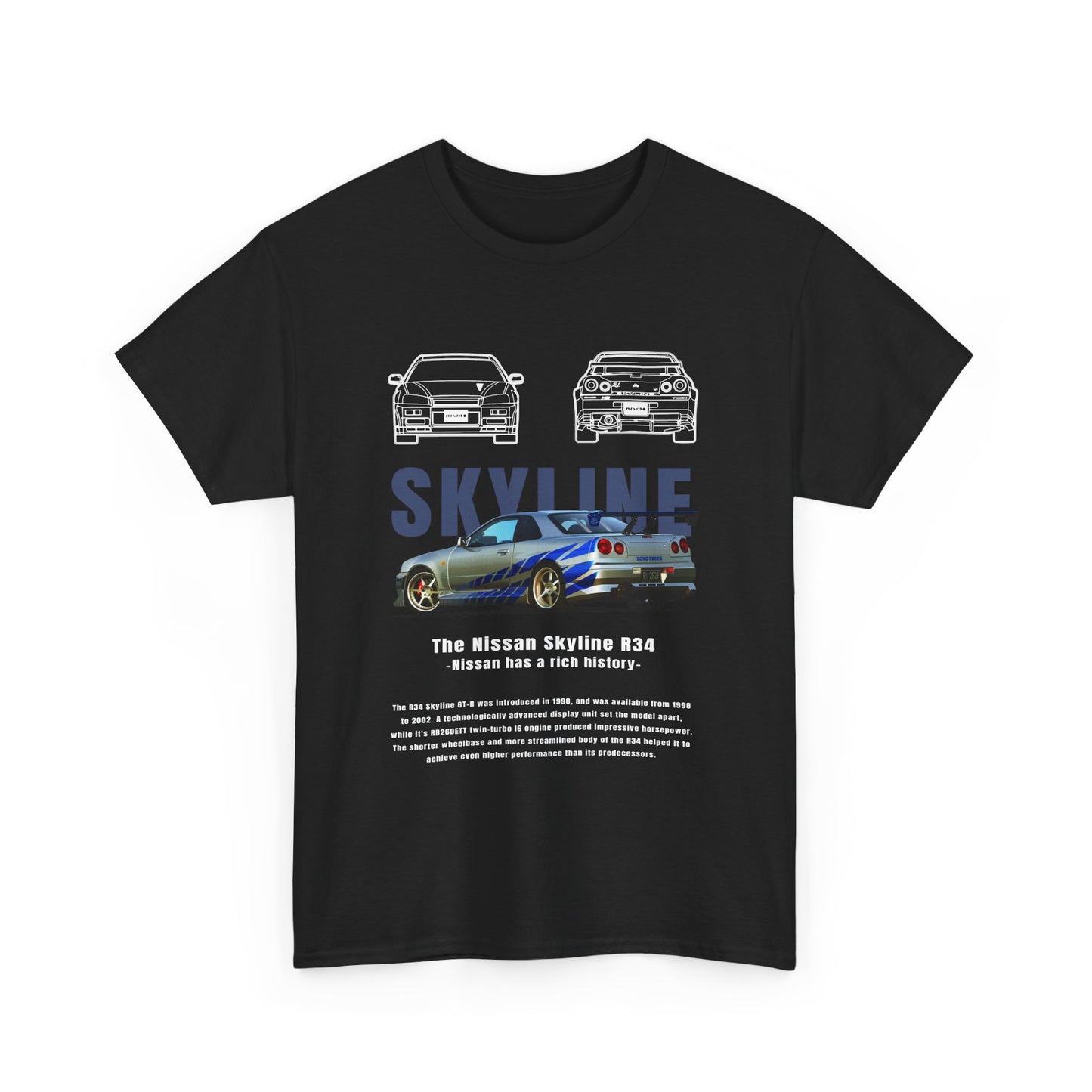 Chic black men's t-shirt displaying a striking graphic of the Nissan Skyline R34, merging elegance with automotive passion.