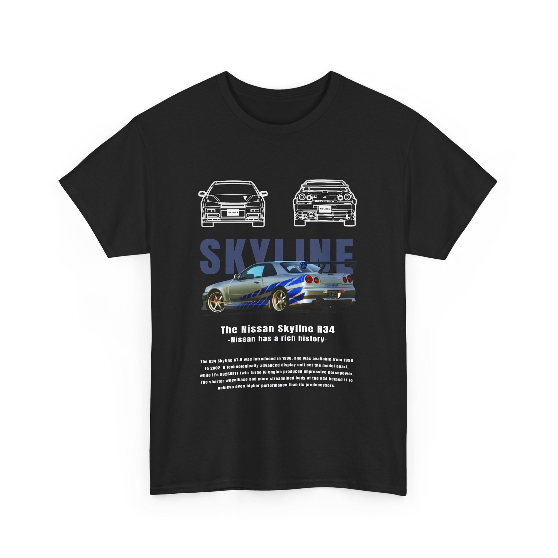 Stylish black t-shirt featuring a bold Nissan Skyline R34 graphic, embodying the essence of automotive excellence.