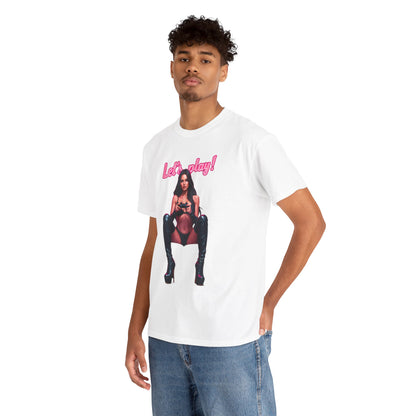 Unisex white graphic tee featuring bold 'Let's play!' text and a confident gamer illustration, perfect for stylish gamers.