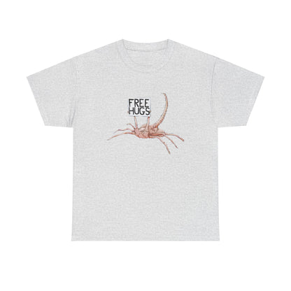 Alien Xenomorph Facehugger Free Hugs Unisex Graphic Cotton Funny T Shirt Tee on a light grey background, featuring an amusing graphic of a facehugger holding a 'Free Hugs' sign.