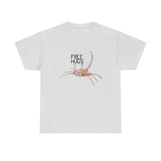 Alien Xenomorph Facehugger Free Hugs Unisex Graphic Cotton Funny T Shirt Tee on a light grey background, featuring an amusing graphic of a facehugger holding a 'Free Hugs' sign.