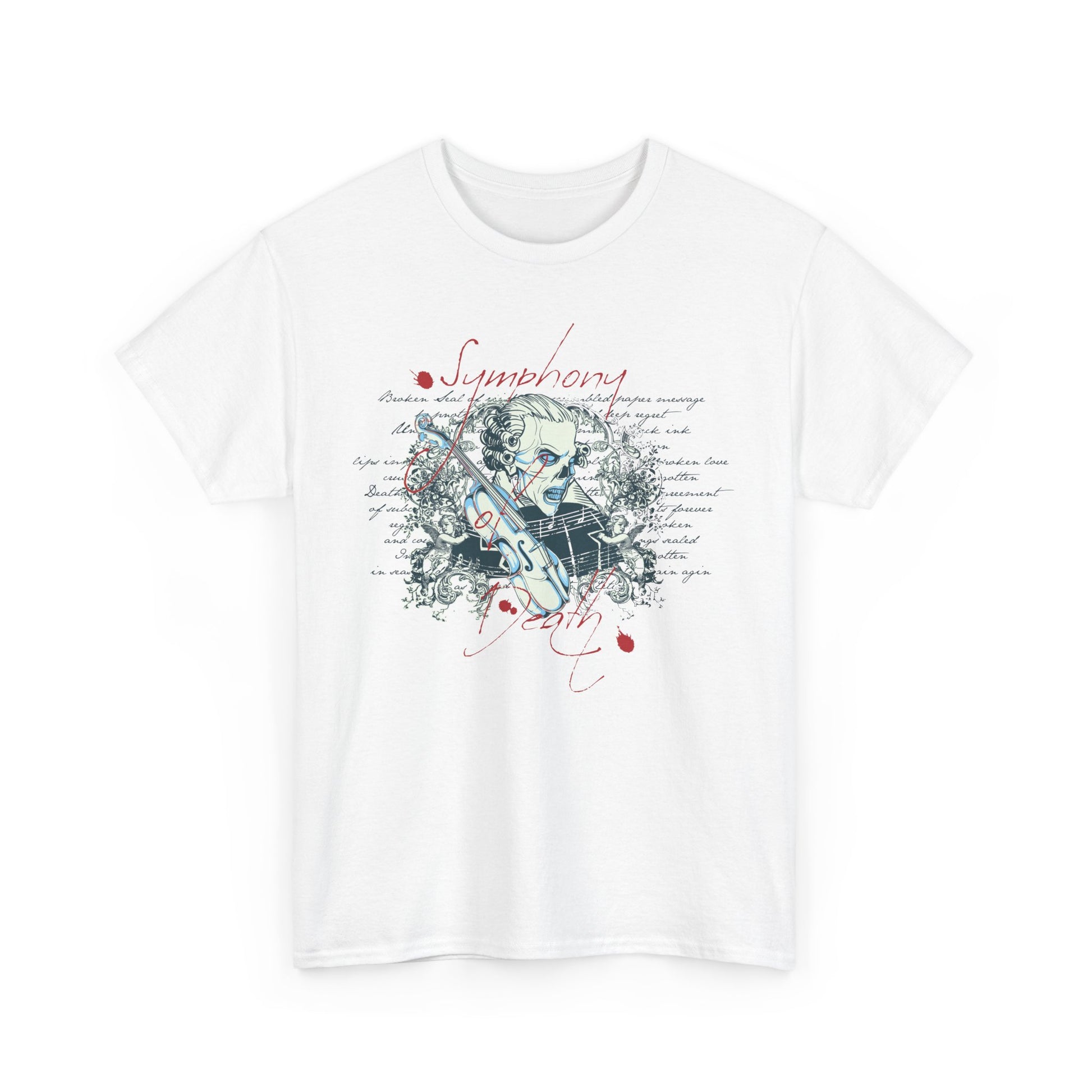 Chic white t-shirt displaying a prominent Baroque-style skull design intertwined with a violin, floral embellishments, and stylish typography, perfect for statement wear.
