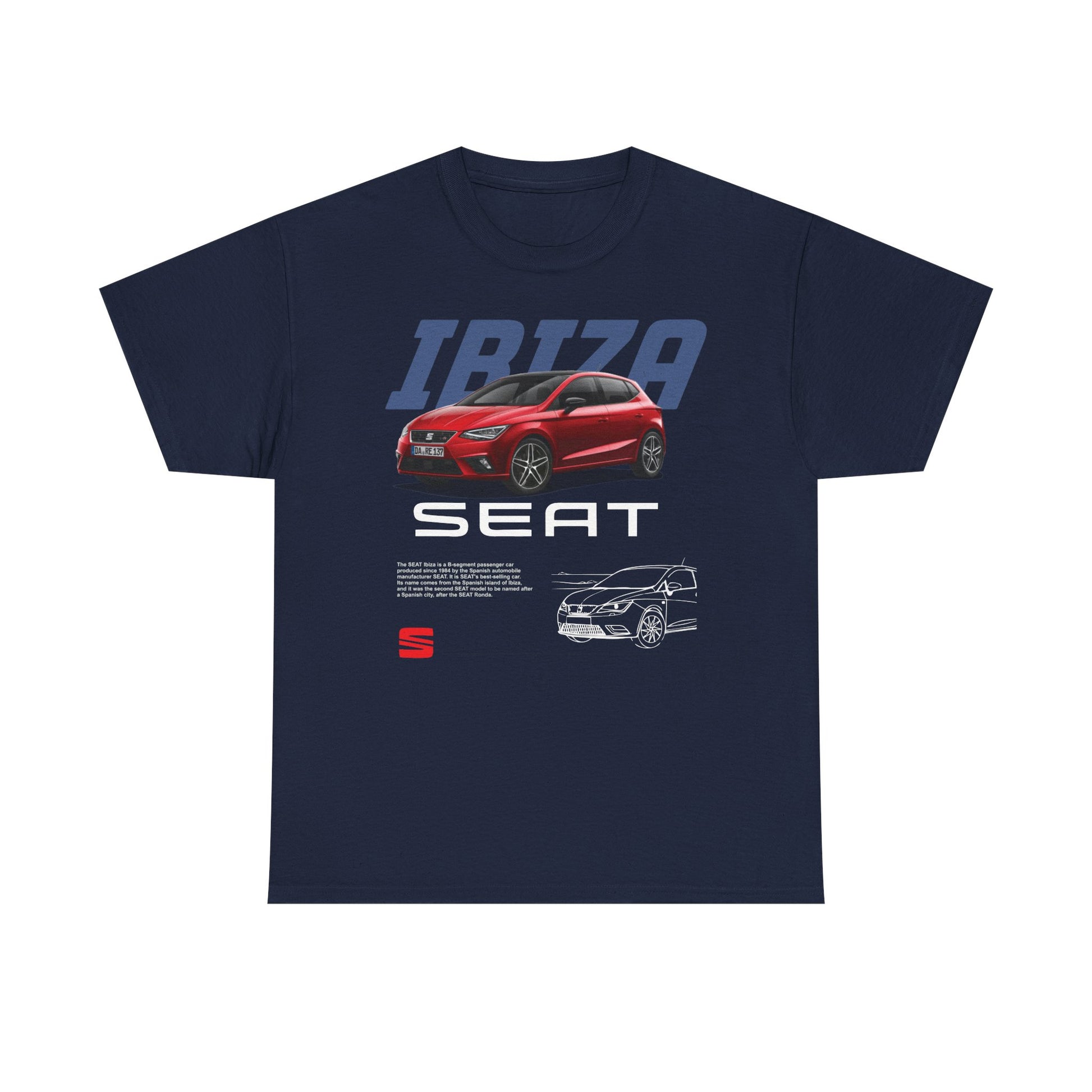 Sophisticated navy blue men's t-shirt adorned with a vibrant SEAT Ibiza illustration, combining modern style with automotive passion in a refined design.