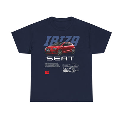 Sophisticated navy blue men's t-shirt adorned with a vibrant SEAT Ibiza illustration, combining modern style with automotive passion in a refined design.