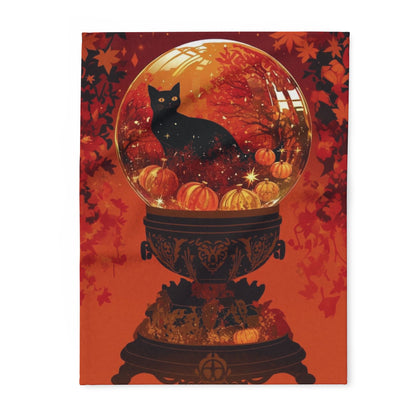 Elegant decorative Halloween fleece blanket featuring a black cat inside a snow globe surrounded by autumn leaves and pumpkins, perfect for cozying up during the spooky season.
