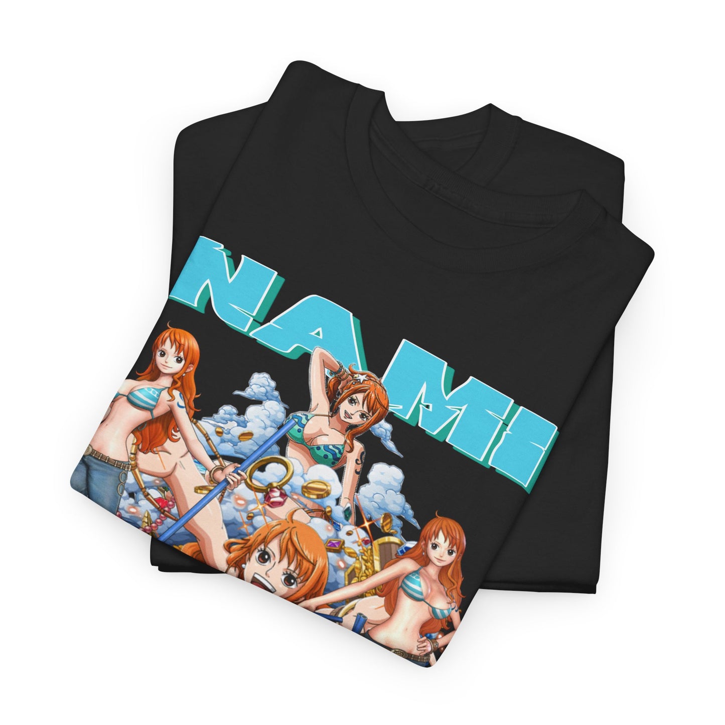 Sophisticated Nami anime t-shirt folded neatly, featuring vibrant illustrations of Nami, a perfect gift for anime lovers wanting to express their passion.