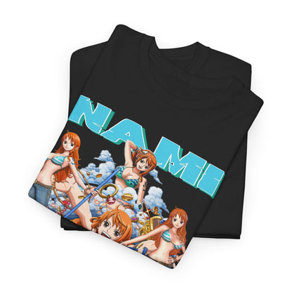Sophisticated Nami anime t-shirt folded neatly, featuring vibrant illustrations of Nami, a perfect gift for anime lovers wanting to express their passion.