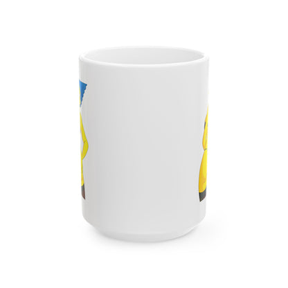 Marge Simpson Curvaceous Charm Ceramic Mug featuring vibrant yellow skin and blue hair, ideal for fans who enjoy sipping coffee with a dash of cartoon fun!