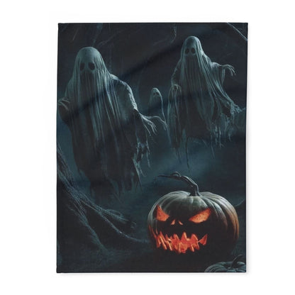 Decorative and Warm Halloween Spooky Arctic Fleece Blanket featuring ghostly apparitions and a menacing carved pumpkin, perfect for creating an enchanting atmosphere during the Halloween season.