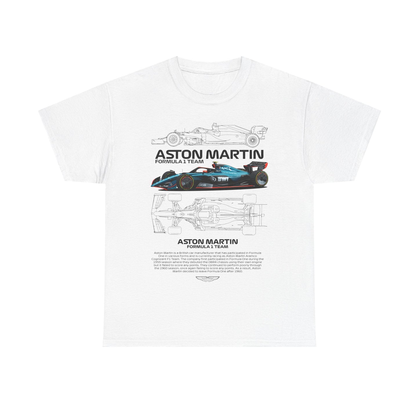 Luxurious Aston Martin Formula 1 Team men's T-shirt in white, showcasing a full-page graphic design of a high-performance race car and the iconic Aston Martin logo.