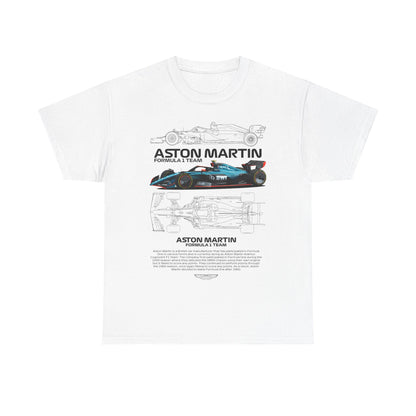 Luxurious white Aston Martin Formula 1 Team men's T-shirt featuring a detailed graphic of an Aston Martin race car. The design showcases the iconic branding and intricate illustrations of the car's components, embodying high-speed excitement and motorsport elegance.