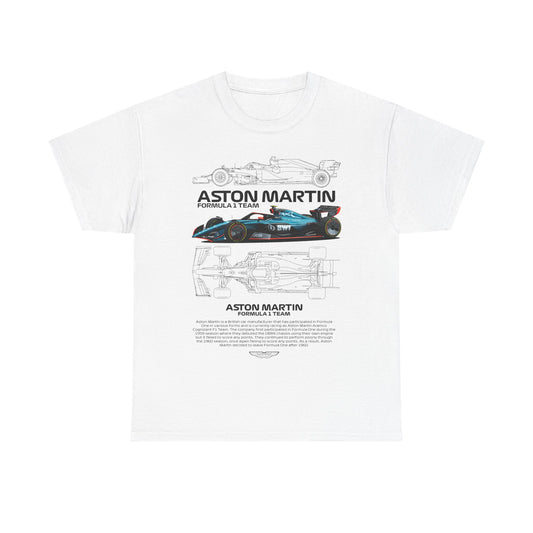 Luxurious white Aston Martin Formula 1 Team men's T-shirt featuring a detailed graphic of an Aston Martin race car. The design showcases the iconic branding and intricate illustrations of the car's components, embodying high-speed excitement and motorsport elegance.