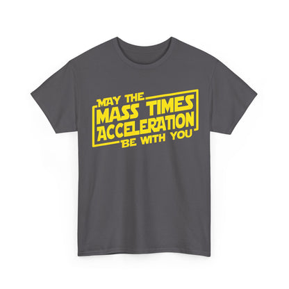 Front view of the exclusive May the Force Star Wars vs Newton Graphic Unisex Tee Shirt featuring the witty phrase in bright yellow on a chic grey background.