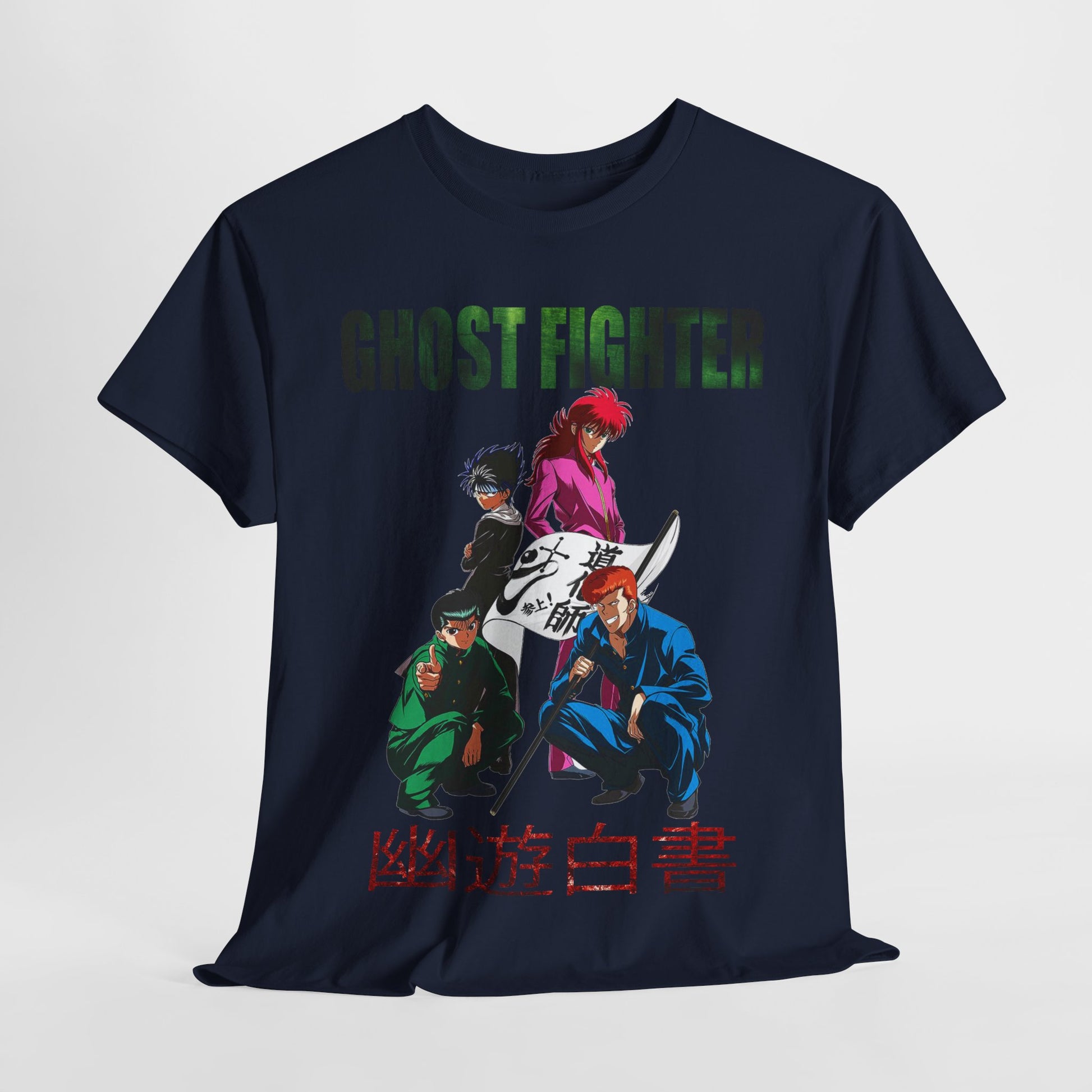 Elegantly displayed Ghost Fighter graphic t-shirt featuring iconic characters from the beloved anime, highlighted in bold colours, ideal for a distinctive fashion statement.