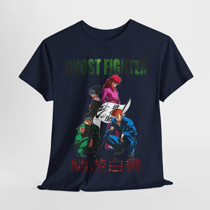 Elegantly displayed Ghost Fighter graphic t-shirt featuring iconic characters from the beloved anime, highlighted in bold colours, ideal for a distinctive fashion statement.