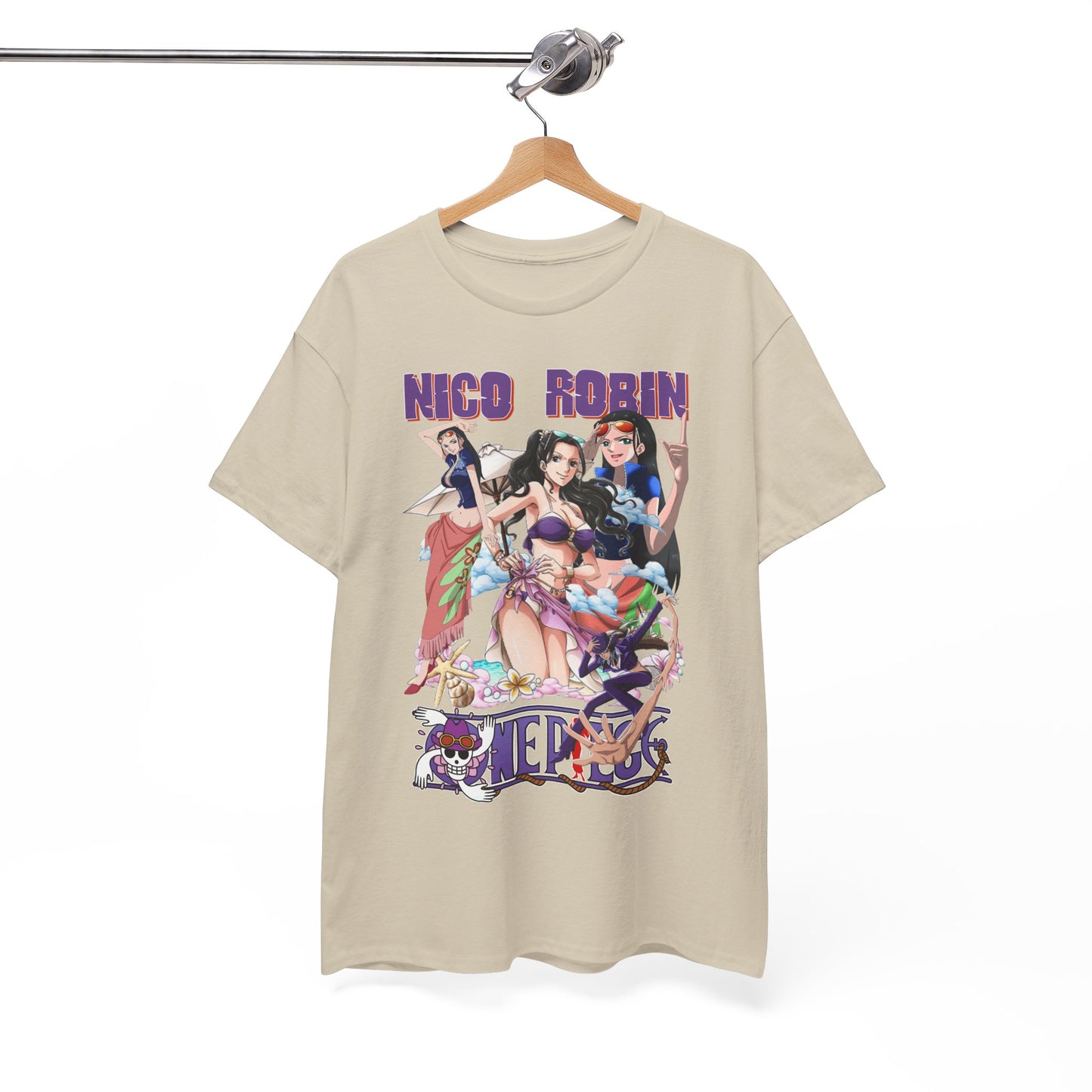 Chic T-shirt hanging on a stylish wooden hanger, featuring an exquisite illustration of Nico Robin with anime characters, perfect for summer fashion.