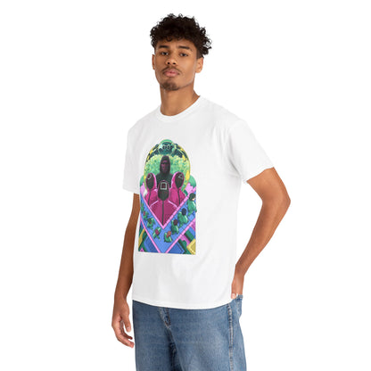 Fashion-forward individual wearing a Squid Game graphic tee, exhibiting a captivating design, ideal for discerning fans of contemporary entertainment.