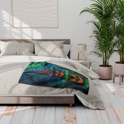 Elegant Decorative and Warm Halloween Spooky Arctic Fleece Blanket displayed on a stylish bed, showcasing vivid Halloween designs like pumpkin characters and a hat.