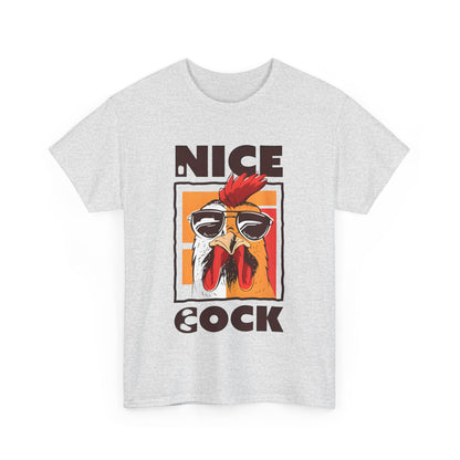 Front view of the Unisex Nice Cock Graphic Tee, featuring a vibrant cartoon chicken design with sunglasses, perfect for adding a playful touch to casual attire.