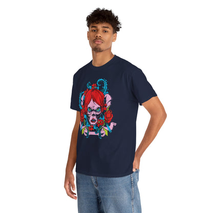 Luxury men's artistic t-shirt featuring a striking skull design with vibrant red hair, surrounded by floral motifs. Perfect for a bold fashion statement.