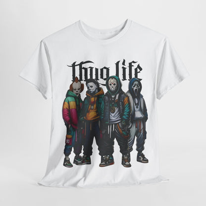 Luxury unisex graphic T-shirt featuring iconic horror characters in a stylish urban design, showcasing vibrant colours and a bold 'Thug Life' statement, perfect for trendy streetwear enthusiasts.