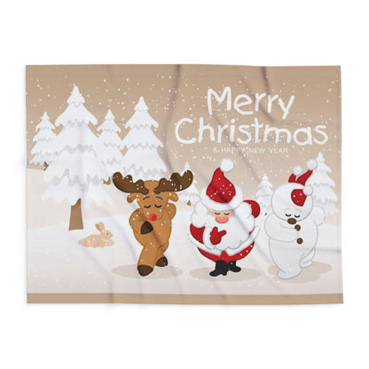 Charming Decorative and Warm Christmas Arctic Fleece Blanket highlighting a vivid snowy forest scene with festive characters, making it a luxurious addition to holiday celebrations.