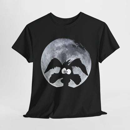 Luxurious black graphic t-shirt featuring Wile E. Coyote's silhouette against a striking full moon backdrop, ideal for casual elegance.