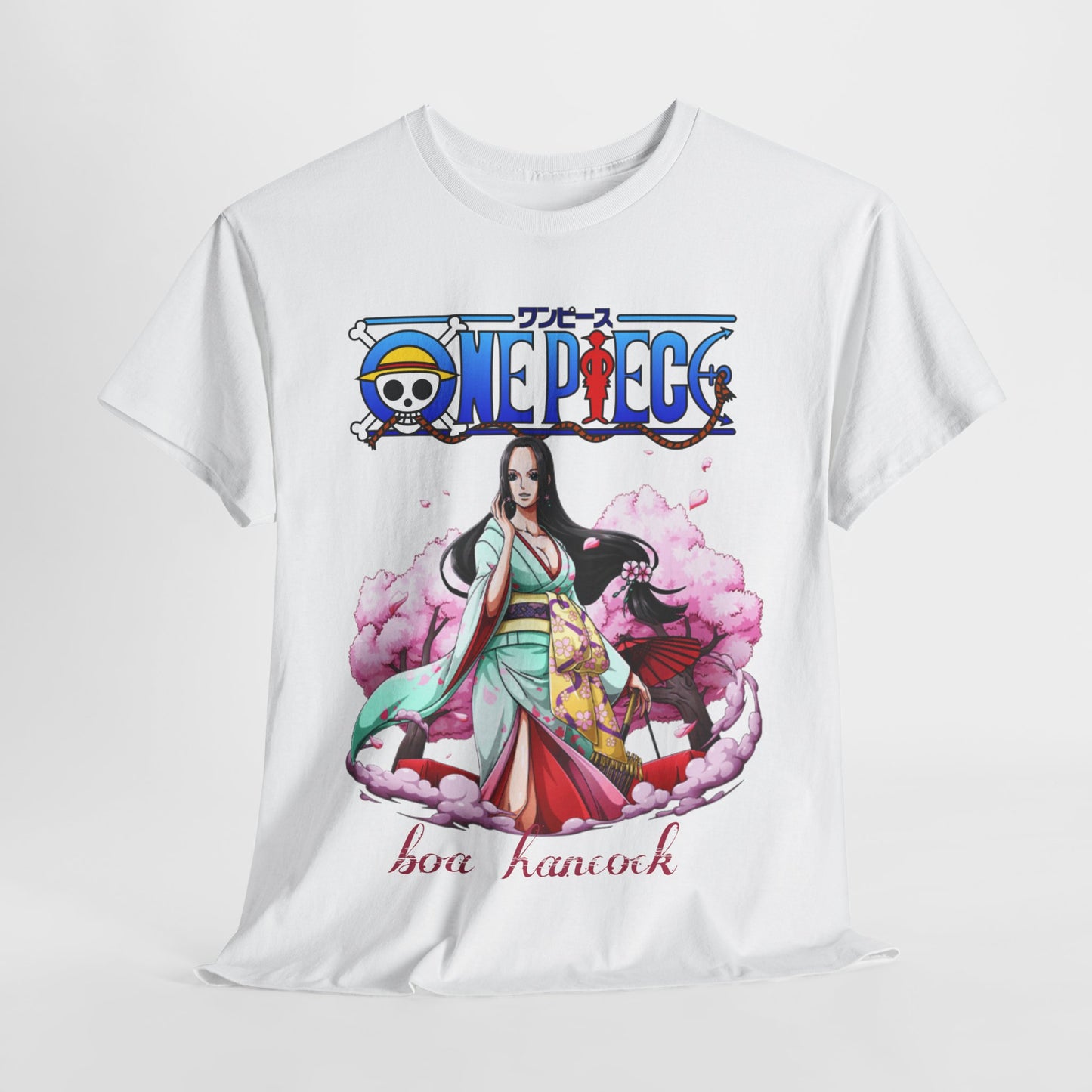 Eye-catching t-shirt design featuring Boa Hancock from One Piece, elegantly illustrated in a light teal kimono amidst cherry blossoms, ideal for premium casual wear.