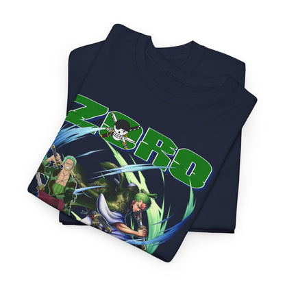 Elegant folded navy blue t-shirts showcasing a striking graphic of beloved characters from ‘One Piece’, highlighted by the name ‘Zoro’, ideal for stylish anime lovers.