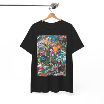 Sophisticated hanging black t-shirt with a captivating urban theme, inspired by 'Squid Game', tailored for fashion connoisseurs who value distinctive style.