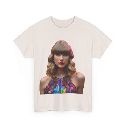 Front view of the Swifties Psychedelic Taylor Swift Heavy Cotton Tee displaying a stunning psychedelic image of Taylor Swift, designed for the discerning fan.
