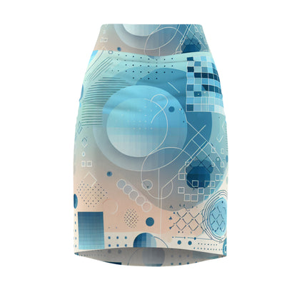 Art-Inspired Abstract Pencil Skirt in Pastel Blues by Dazzling Dreams Studio showcasing vibrant abstract design and luxurious fabric.