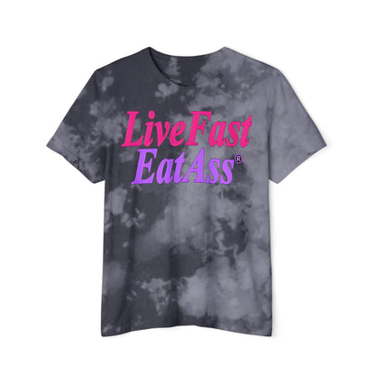 Sophisticated tie-dye pattern cropped t-shirt in dark grey featuring the bold phrase 'Live Fast EatAss®' in pink and purple, perfect for trendy and laid-back ensembles.