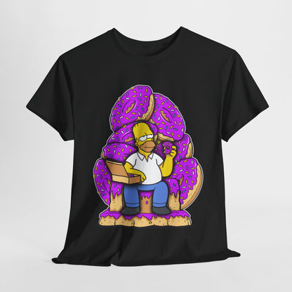Luxury graphic tee featuring Homer the Iron Throne design, showcasing Homer Simpson sitting on a throne made of donuts, perfect for fans of The Simpsons.