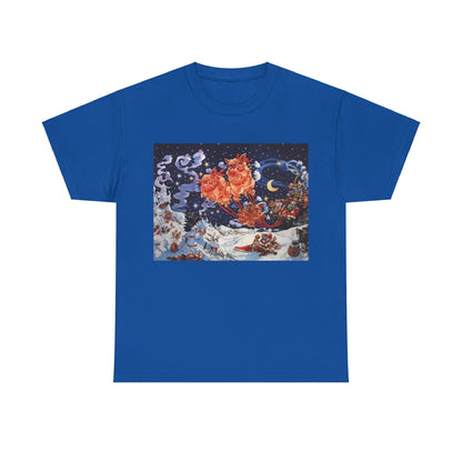 Discworld Hogfather Unisex Graphic Tee Shirt - Soft Cotton Blend, Iconic Cover Design illustrating a vibrant portrayal of festive cheer and adventure in an elegant blue tone.
