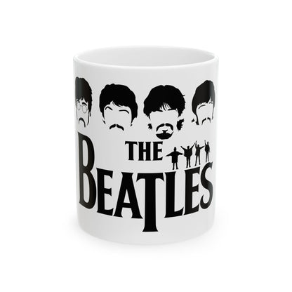The Beatles Logo Ceramic Mug - Iconic Design featuring silhouettes of band members, perfect for office or home use, 11oz coffee cup.