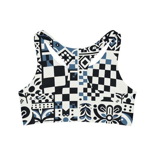 Back view of the Lorelei Beaumont Checkerboard Sports Bra featuring an elegant checkerboard pattern, designed for enhanced support and a trendy look during workouts.